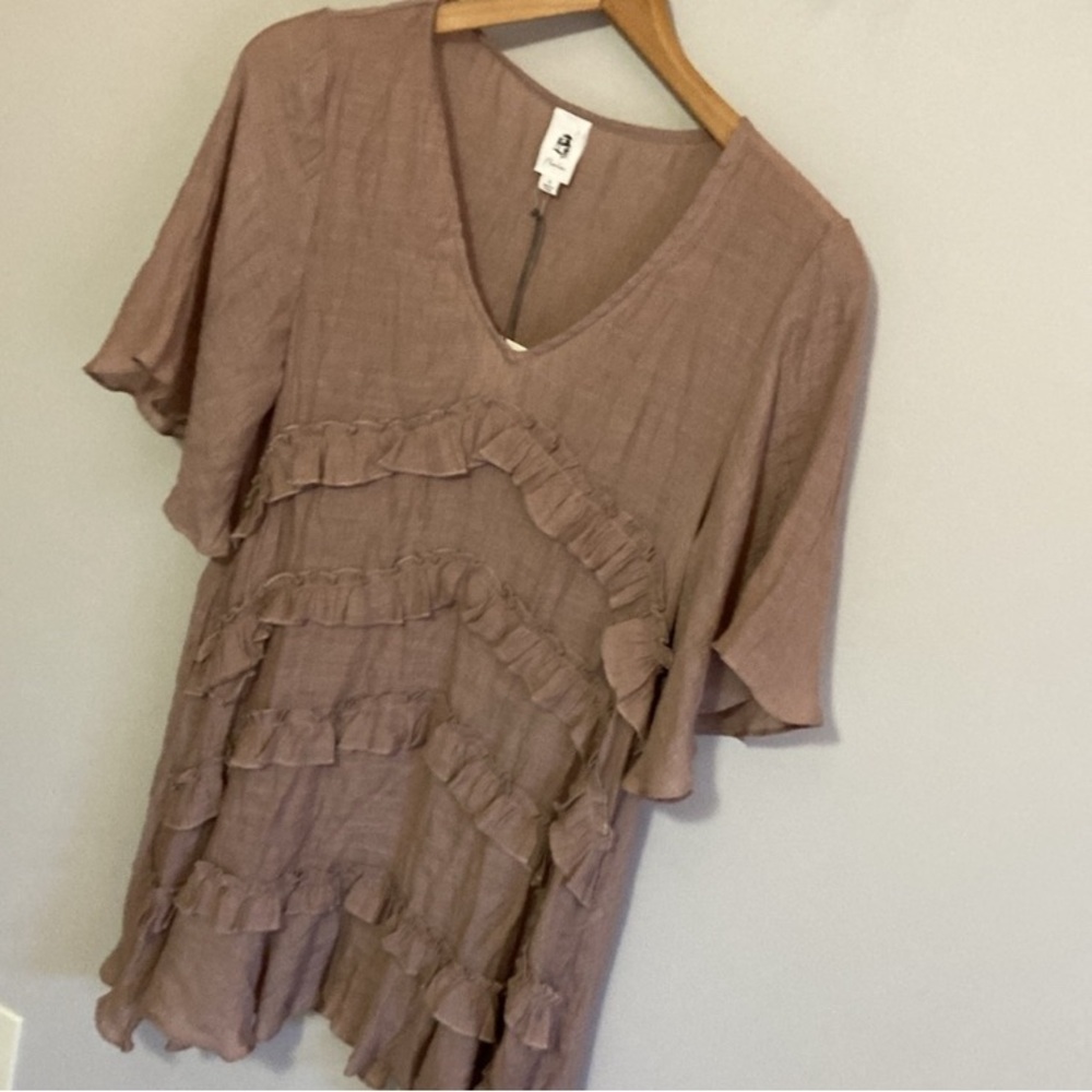 NWT FLAWLESS Ruffled Brown Mini Dress, Size Small, V-neck short sleeve - Picture 3 of 8
